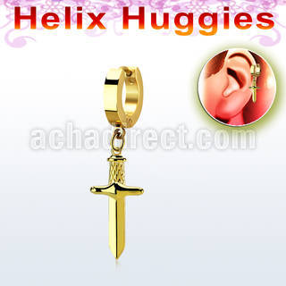 ehh768 high polished stainless steel huggie w a dangling dagger