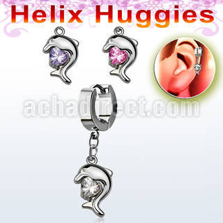ehhz300 helix huggie w a dangling dolphin design with cz