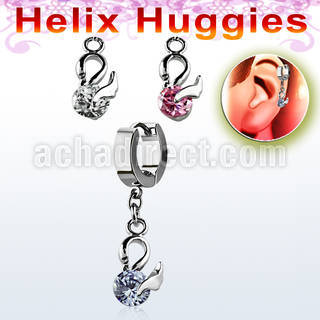 ehhz376 helix huggie w a dangling swan design w round cz