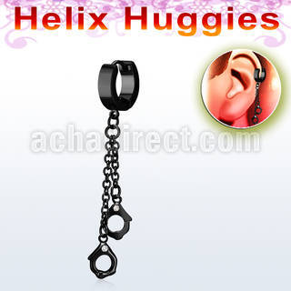 ehk652 black steel helix huggie w dangling black handcuffs
