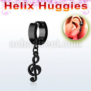 ehk709 black steel helix huggie w dangling black musical note