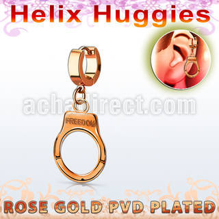 ehr765 rose gold steel helix huggie w dangling handcuff