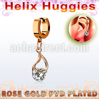 ehrz416 rose gold steel helix huggie w dangling snap fit cz 