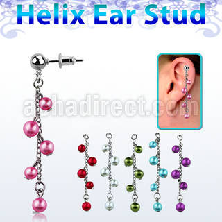 erbd10 316l steel helix ear stud ball with multi pearl chain