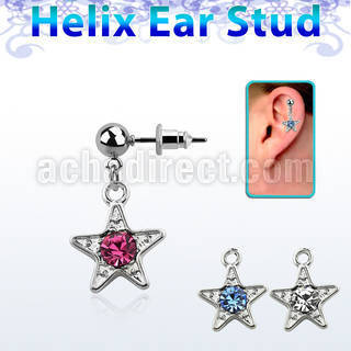 erbd12 316l steel helix ear ball stud w dangling crystal star