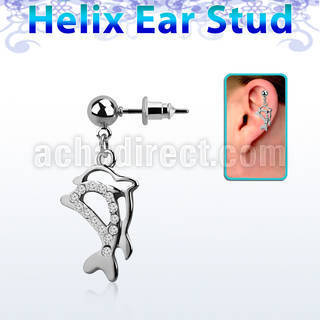 erbd13 316l steel helix ear ball stud w dangling twin dolphin