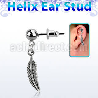 erbd638 316l steel helix ear ball stud w dangling feather