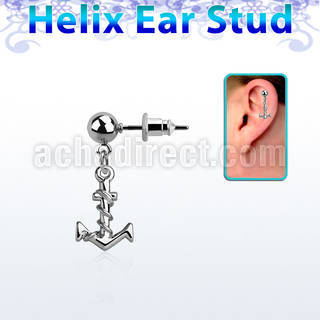 erbd699 steel helix ear stud w dangling plain anchor w rope