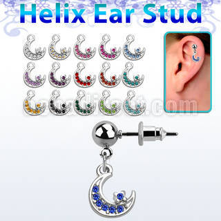erbd734 316l steel helix ear stud w a dangling moon w crystals