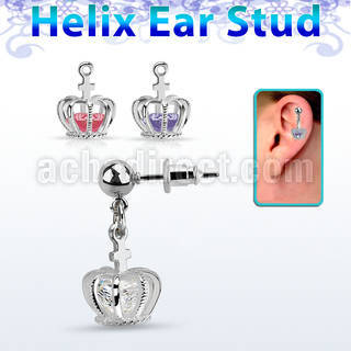 erbdz590 ball steel ear stud w dangling crown with a cz