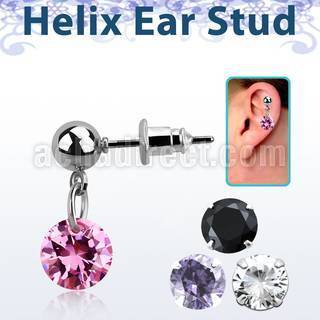 erbz407 316l steel helix ear stud ball with dangling cz stone