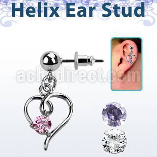 erbz59 316l steel helix ear stud ball with wire heart w cz