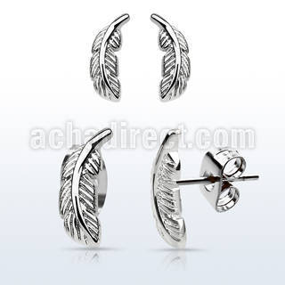 erfea pair of high polished 316l steel ear studs w feather top
