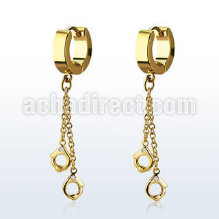 erg652 gold steel huggies earrings w dangling handcuffs