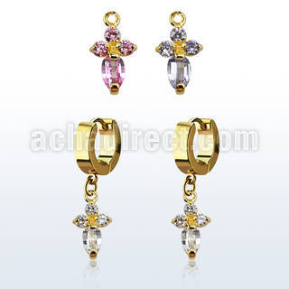 ergz518 gold steel huggies earrings w dangling cross w 4 czs