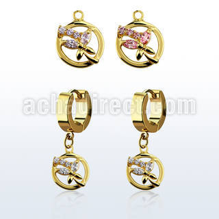 ergz520 gold steel huggies earrings w dangling circle butterfly