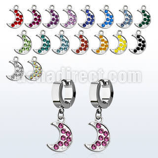 erh401 steel huggies earrings w dangling moon w crystals
