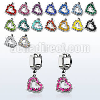 erh402 steel huggies earrings w dangling crystal studded heart