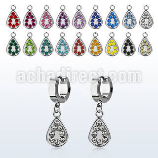 erh403 steel huggies earrings w dangling teardrop w crystals