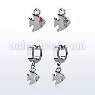 erh445 steel huggies earrings w dangling fish w a crystal eye