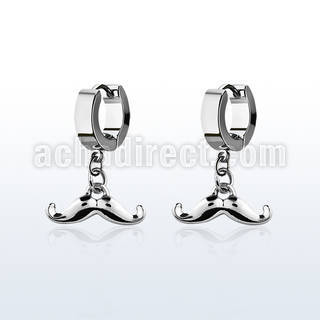 erh517 steel huggies earrings w dangling up turned mustache