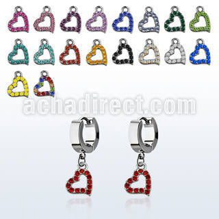 erh542 steel huggies earrings w a heart shaped crystal dangling