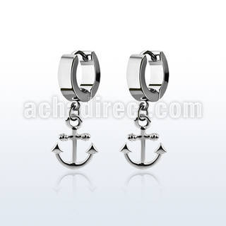 erh632 steel huggies earrings w dangling plain anchor design