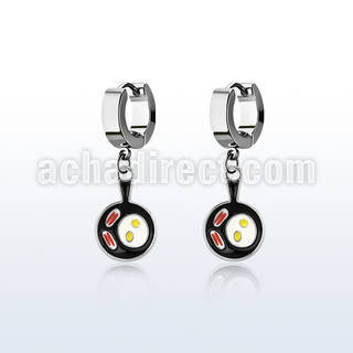 erh646 steel huggies earrings w dangling bacon eggs
