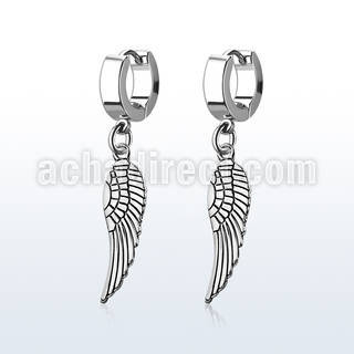 erh653 steel huggies earrings w a dangling plain bird wing 