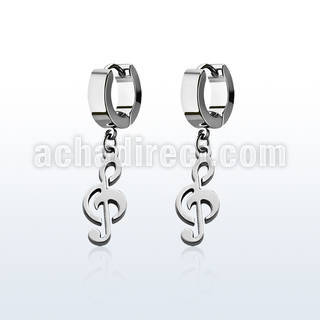 erh709 steel huggies earrings w dangling musical note