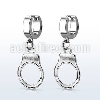 erh765 stainless steel huggie earring w a dangling handcuff