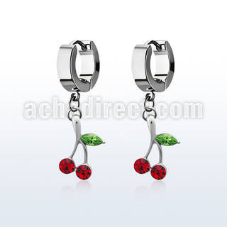 erhch10 steel huggies earrings w dangling crystal cherry design