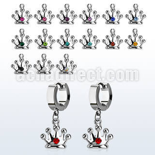 erhcr2 steel huggies earrings w dangling crown w single crystal