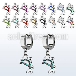 erhdp17 steel huggies earrings w dangling crystal twin dolphins