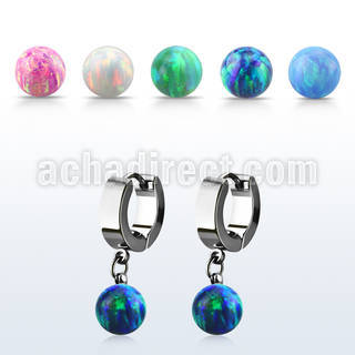 erhop8 steel huggies earrings w dangling 8mm opal balls