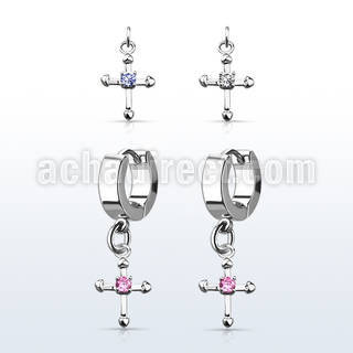 erhz14s steel huggies earrings w small dangling cross w tiny cz