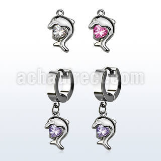 erhz300 steel huggies earrings w dangling dolphin design w cz