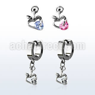 erhz374 steel huggies earrings w dangling apple design w cz