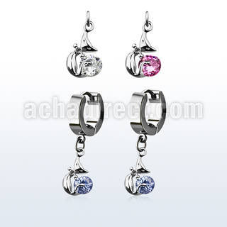 erhz378 steel huggies earrings w dangling lady cat design w cz