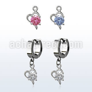 erhz9 steel huggies earrings w dangling heart w a big round cz