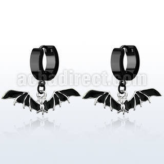 erk569 black steel huggies earrings w dangling black bat