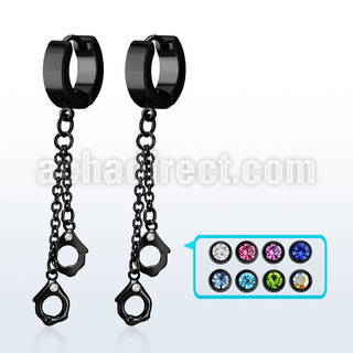 erk652 black steel huggies earrings w dangling handcuffs