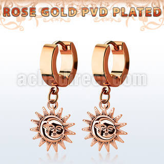 err726 rose gold stainless steel huggie earring w dangling sun 