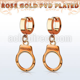 err765 rose gold pvd plated steel huggie w dangling handcuff
