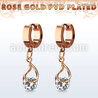 errz416 rose gold pvd plated steel huggie w dangling snap fit cz