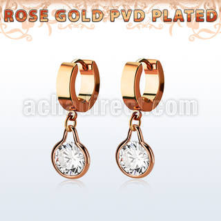 errz417 rose gold tainless steel huggies w dangling round cz