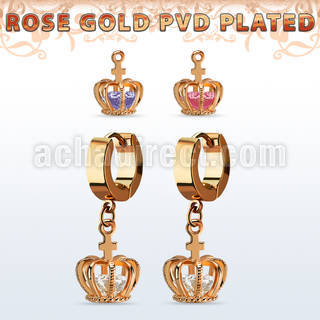 errz590 rose gold stainless steel huggie w dangling crown w cz