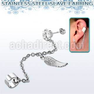 erzdld11 steel slave ear stud w prong cz w dangling bird wing
