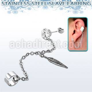 erzdld12 steel slave ear stud w prong cz w dangling feather