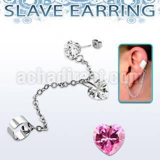 erzdld17 steel slave ear stud w prong cz w dangling heart cz